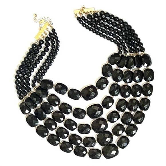 Natasha Multi Strand Black Beaded Bib Statement Necklace - Picture 3 of 7
